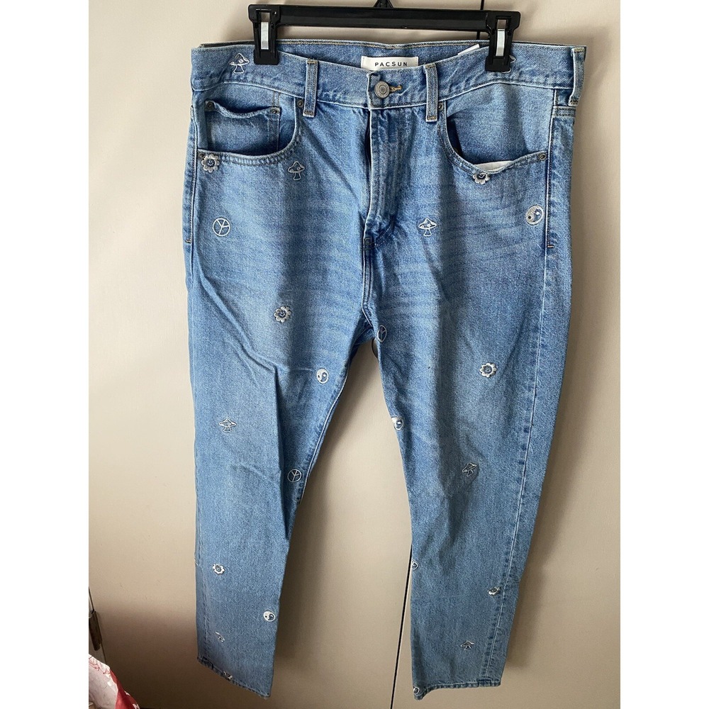 Pre-owned Men's PacSun Slim Taper Embroidered Cottagecore Forest Boho Jeans